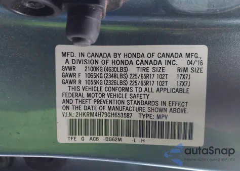 2016 Honda Cr-V Ex-L z USA, uszkodzony, nr VIN 2HKRM4H79GH653587